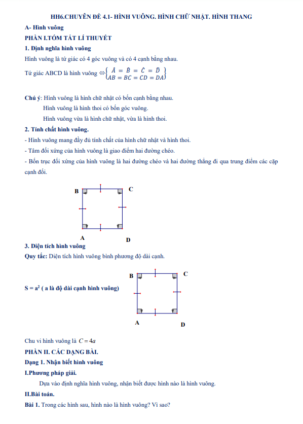 Tài liệu dạy thêm – học thêm chuyên đề hình vuông, hình chữ nhật, hình thang