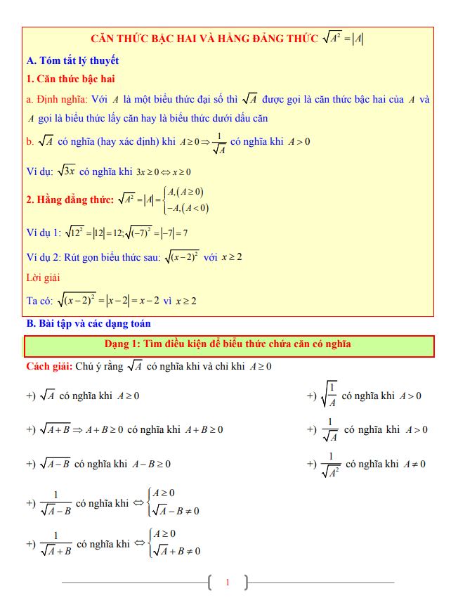 Tài liệu Toán 9 chủ đề căn thức bậc hai và hằng đẳng thức $\sqrt {A^2} = \left| A \right|$