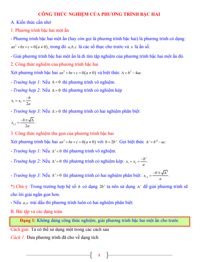 Tài liệu Toán 9 chủ đề công thức nghiệm của phương trình bậc hai