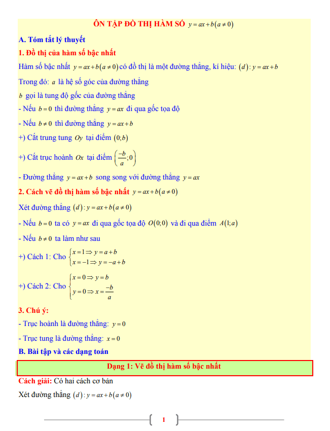 Tài liệu Toán 9 chủ đề đồ thị của hàm số y = ax + b (a khác 0)