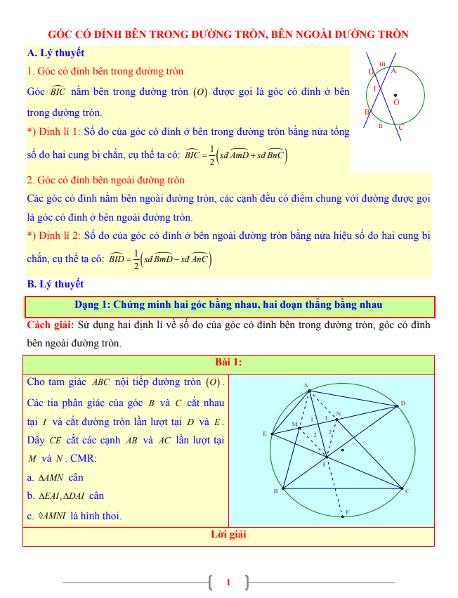 Tài liệu Toán 9 chủ đề góc có đỉnh bên trong đường tròn, bên ngoài đường tròn