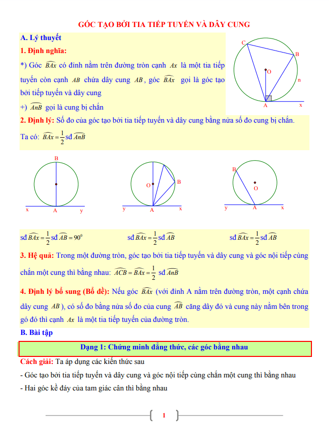 Tài liệu Toán 9 chủ đề góc tạo bởi tia tiếp tuyến và dây cung