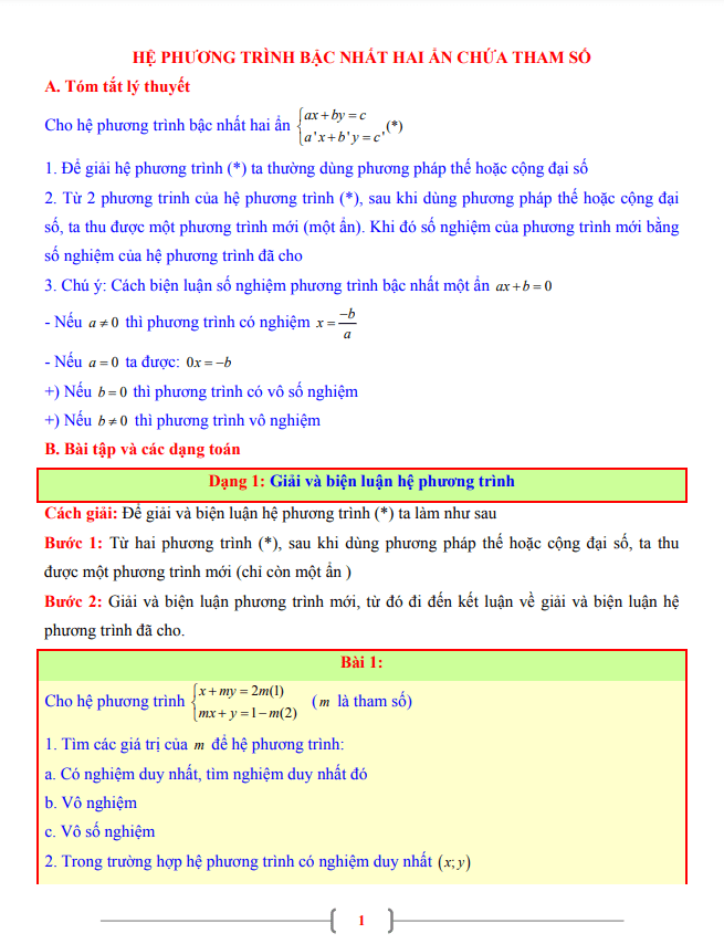 Tài liệu Toán 9 chủ đề hệ phương trình bậc nhất hai ẩn chứa tham số
