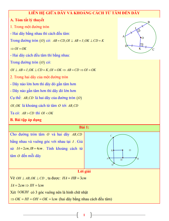 Tài liệu Toán 9 chủ đề liên hệ giữa dây và khoảng cách từ tâm đến dây