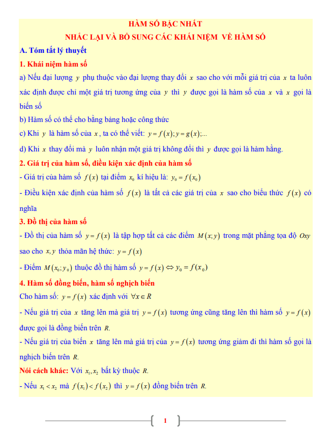 Tài liệu Toán 9 chủ đề nhắc lại và bổ sung các khái niệm về hàm số