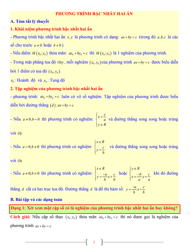 Tài liệu Toán 9 chủ đề phương trình bậc nhất hai ẩn