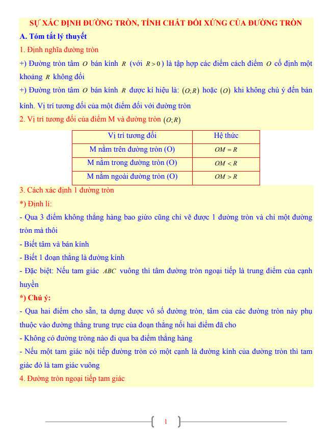 Tài liệu Toán 9 chủ đề sự xác định đường tròn, tính chất đối xứng của đường tròn