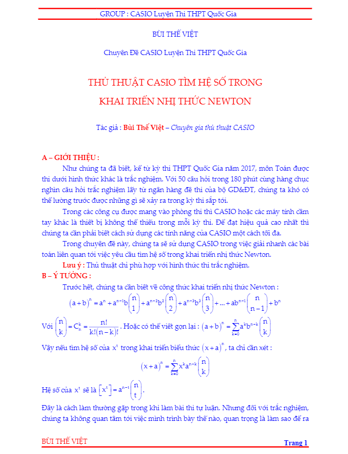 Thủ thuật casio tìm hệ số trong khai triển nhị thức Newton – Bùi Thế Việt