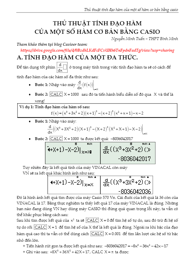 Thủ thuật tính đạo hàm của một số hàm cơ bản bằng Casio – Nguyễn Minh Tuấn