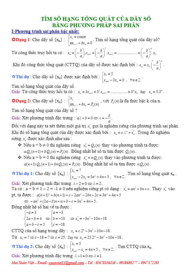 Tìm số hạng tổng quát của dãy số bằng phương pháp sai phân – Mai Xuân Việt