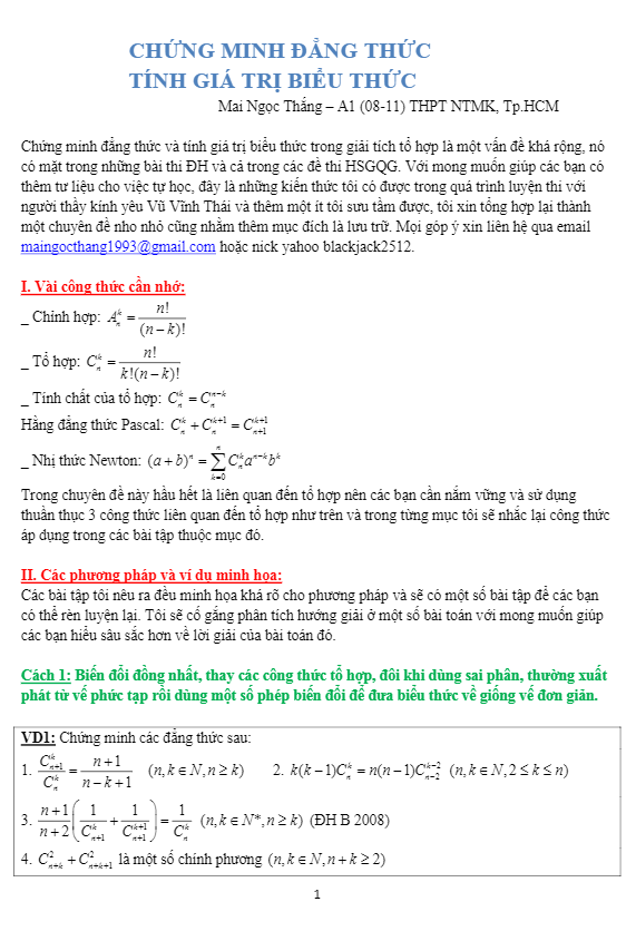 Tính giá trị và chứng minh các biểu thức tổ hợp – Mai Ngọc Thắng