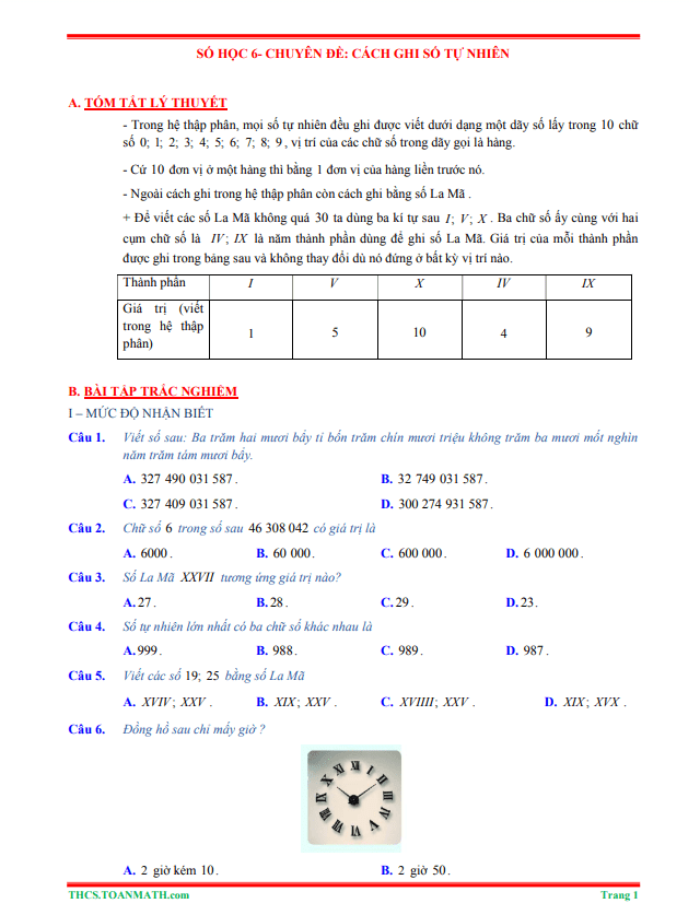 Tóm tắt lý thuyết và bài tập trắc nghiệm chuyên đề cách ghi số tự nhiên