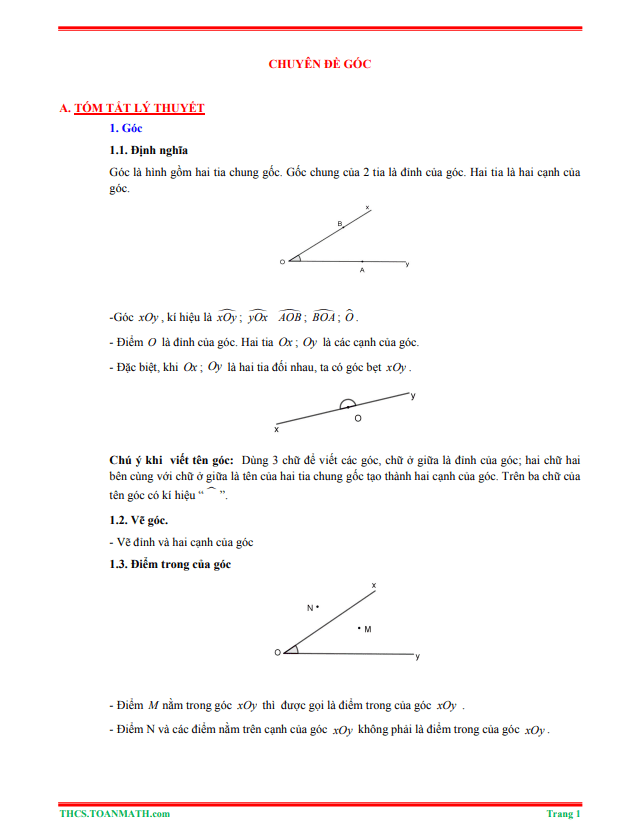 Tóm tắt lý thuyết và bài tập trắc nghiệm chuyên đề góc