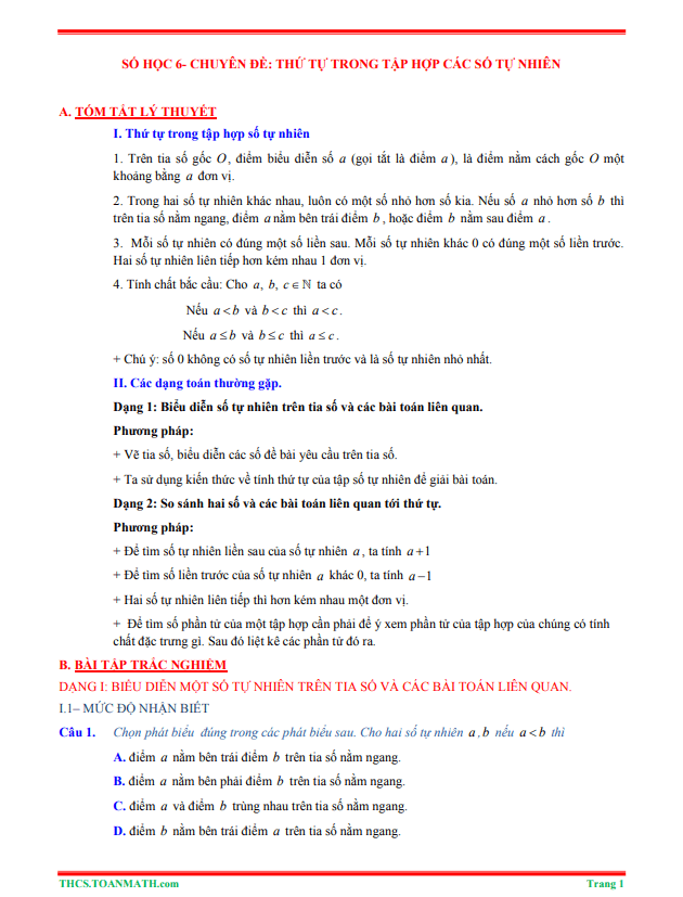 Tóm tắt lý thuyết và bài tập trắc nghiệm chuyên đề thứ tự trong tập hợp các số tự nhiên