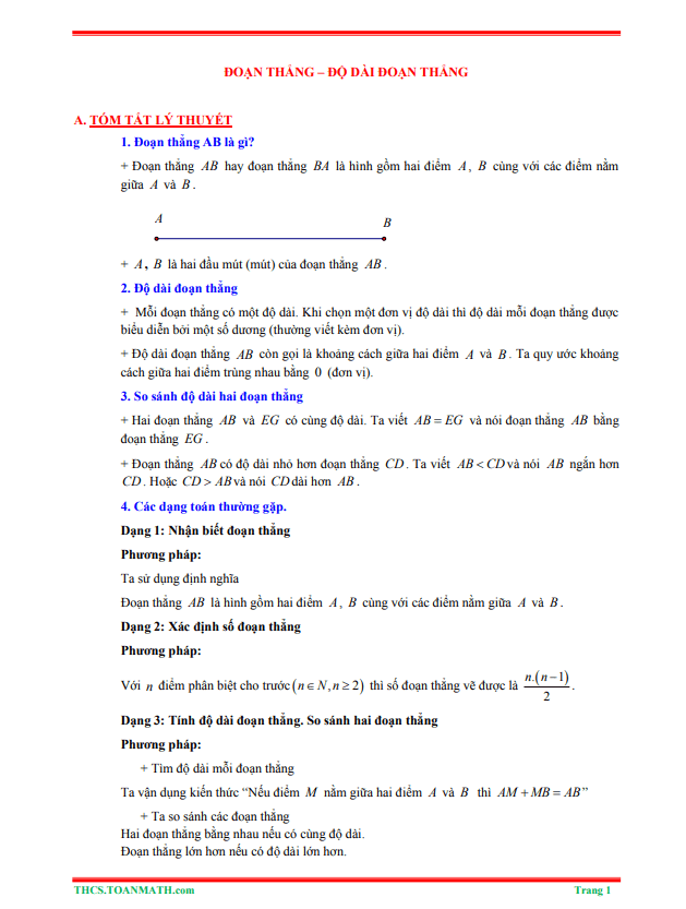 Tóm tắt lý thuyết và bài tập trắc nghiệm đoạn thẳng, độ dài đoạn thẳng