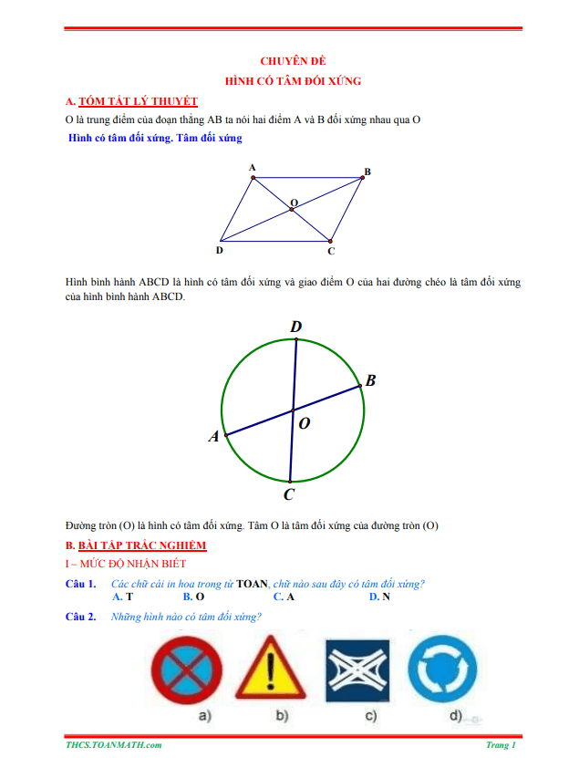 Tóm tắt lý thuyết và bài tập trắc nghiệm hình có tâm đối xứng