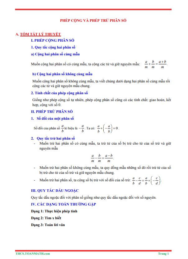 Tóm tắt lý thuyết và bài tập trắc nghiệm phép cộng và phép trừ phân số