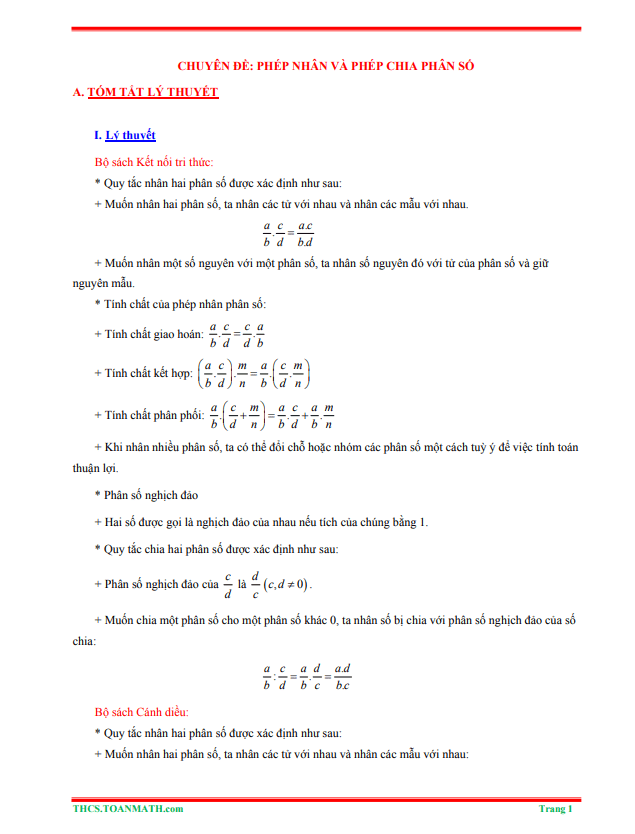 Tóm tắt lý thuyết và bài tập trắc nghiệm phép nhân và phép chia phân số