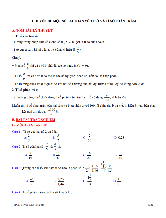 Tóm tắt lý thuyết và bài tập trắc nghiệm tỉ số và tỉ số phần trăm