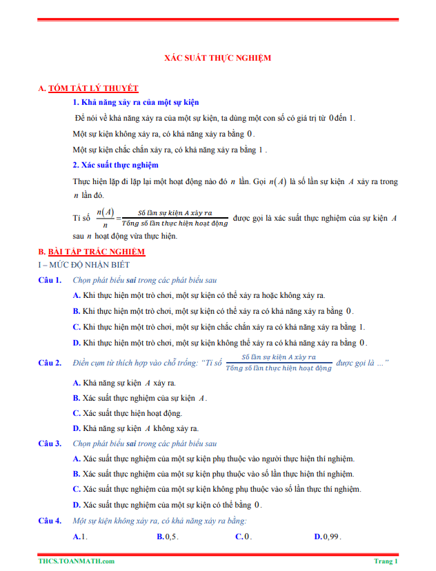 Tóm tắt lý thuyết và bài tập trắc nghiệm xác suất thực nghiệm