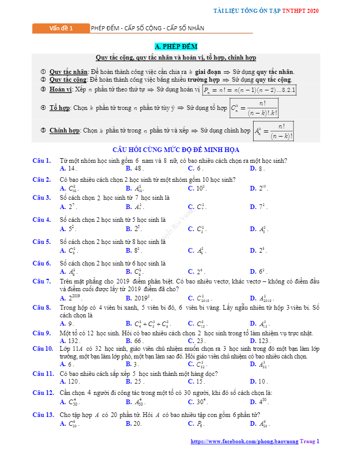 Tổng ôn tập TN THPT 2020 môn Toán: Phép đếm – cấp số cộng – cấp số nhân