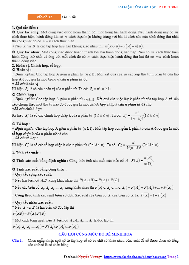 Tổng ôn tập TN THPT 2020 môn Toán: Tổ hợp và xác suất