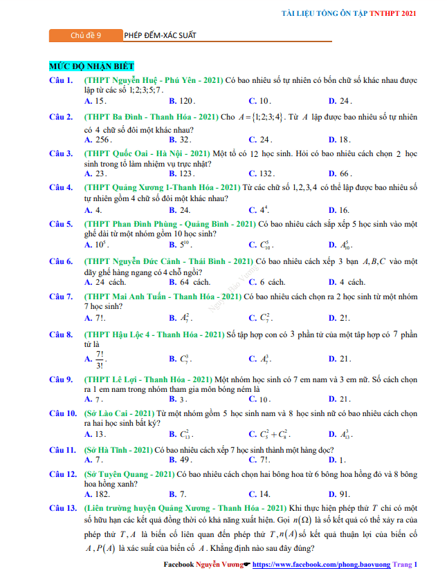 Tổng ôn tập TN THPT 2021 môn Toán: Tổ hợp và xác suất