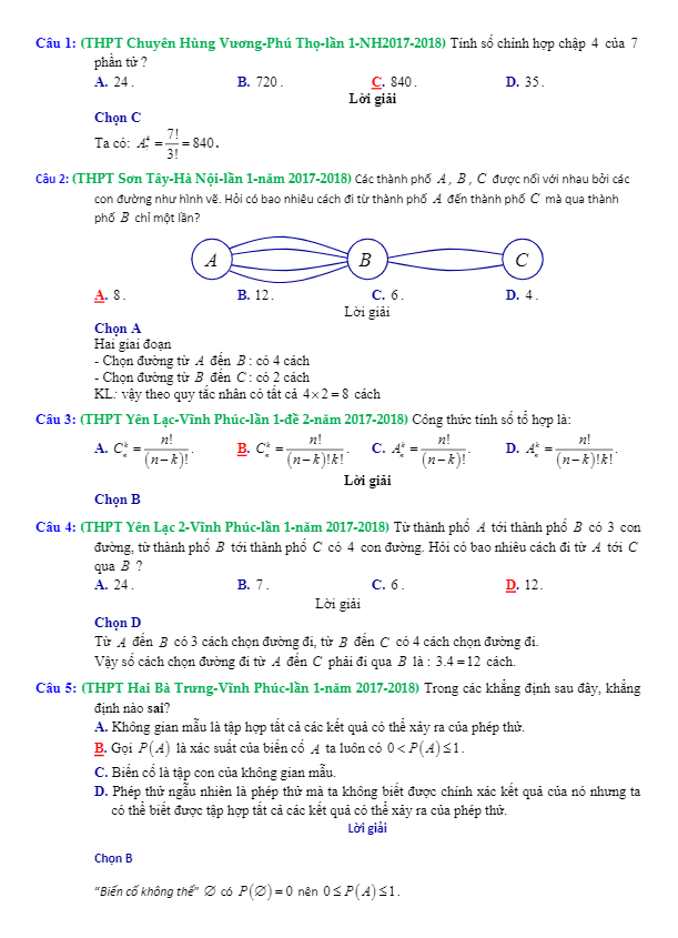 Trắc nghiệm tổ hợp và xác suất có giải chi tiết trong các đề thi thử Toán 2018