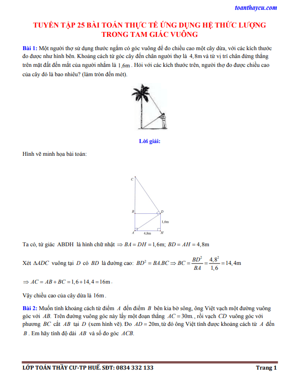 Tuyển tập 25 bài toán thực tế ứng dụng hệ thức lượng trong tam giác vuông