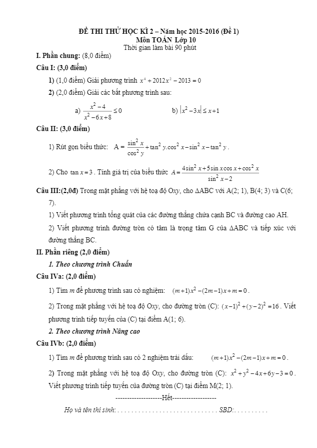 Tuyển tập 5 đề ôn thi học kì 2 lớp 10 năm học 2015 – 2016