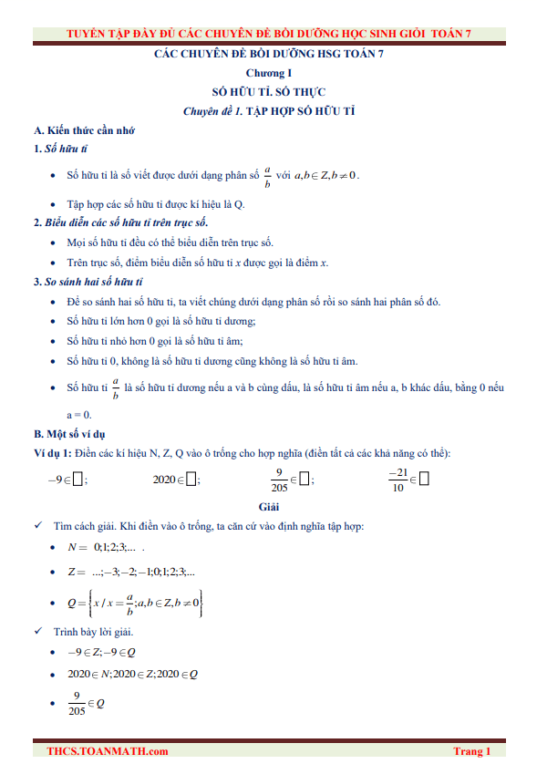 Tuyển tập đầy đủ các chuyên đề bồi dưỡng học sinh giỏi Toán 7